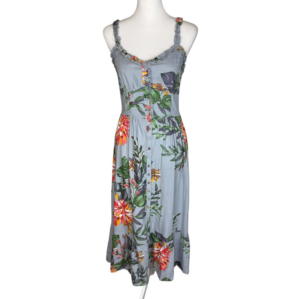 Patrons of Peace Womens XS Blue Tropical Floral Ruffle Button Front Midi Dress
